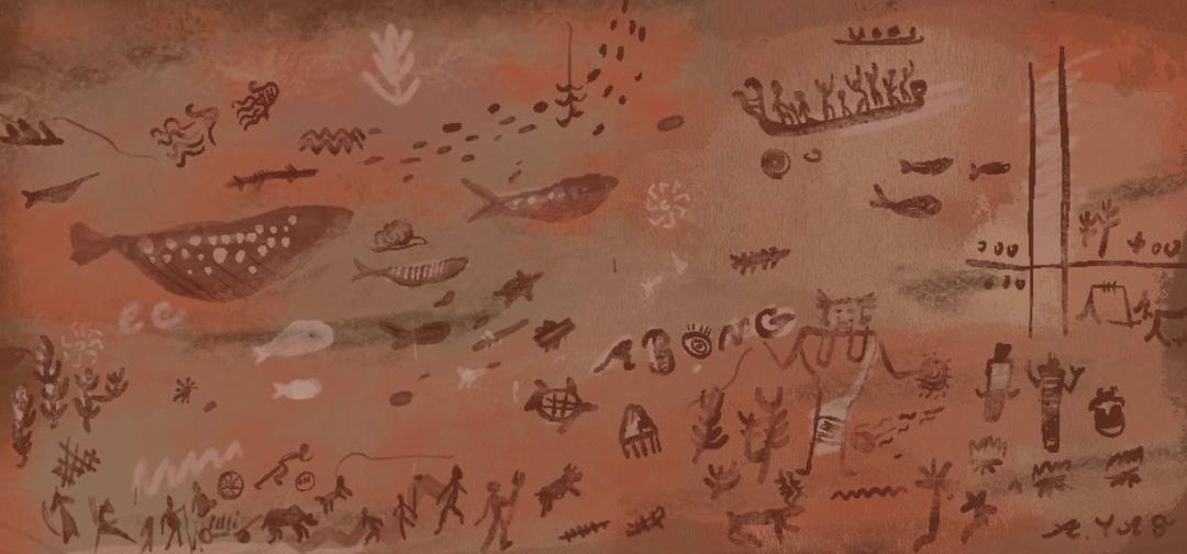 Bar Abong mural in rust tones showing marine life, a longboat and the word Abong